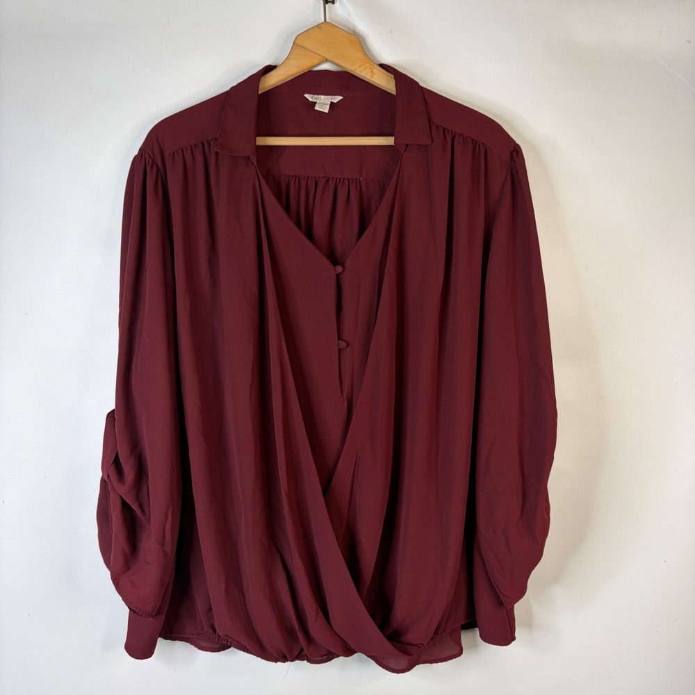 Cato Wrap Front Blouse Women 26/28W Burgundy Roll Tab Sleeve High Low Hem